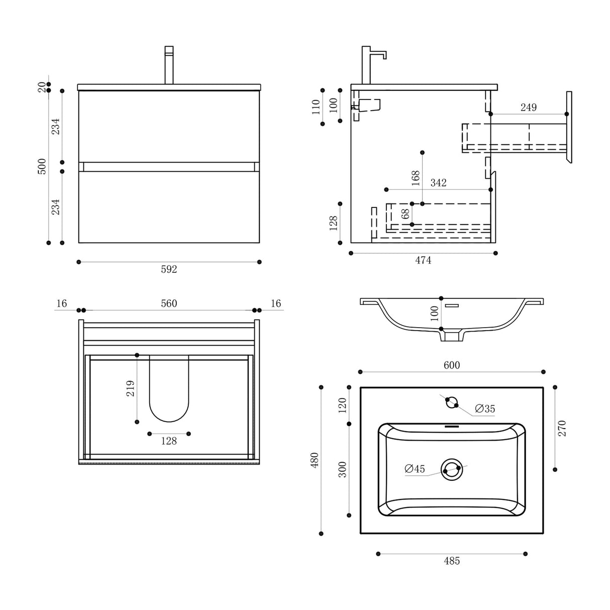glasvilla Ensemble de Meubles de Salle De Bain Vasque avec Meuble Sous Vasque Lavabo en Solid Surface Meuble Sous Lavabo 2 Tiroirs Soft Close Aqualis