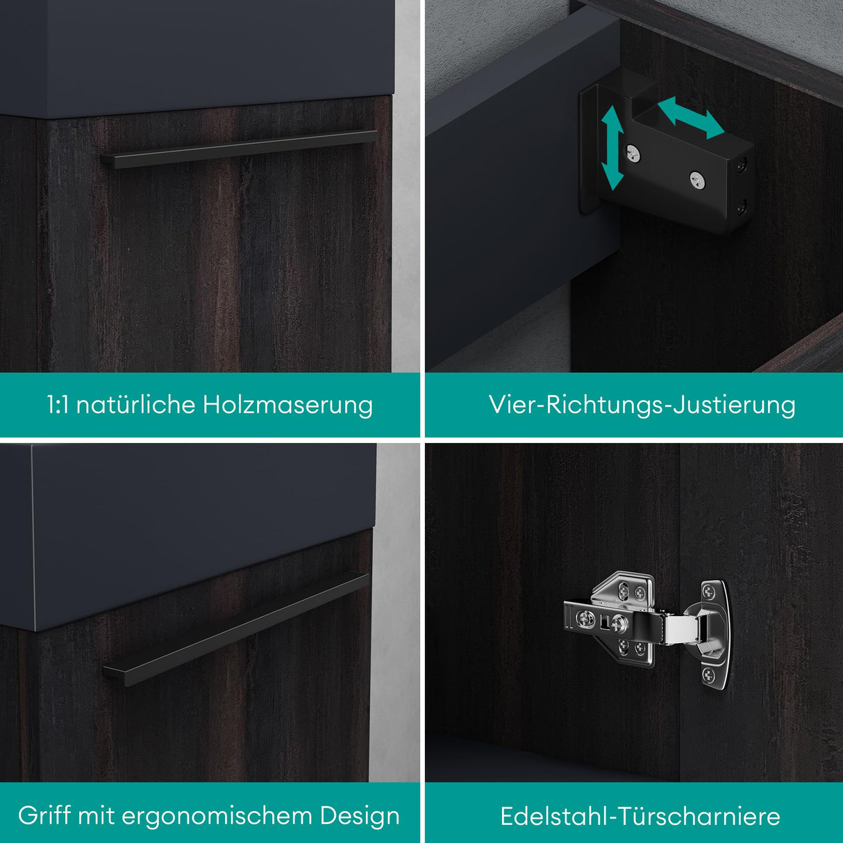 Ensemble de meubles de salle de bain Glasvilla, meuble de salle de bain avec meuble sous-vasque, lavabo anthracite mat et miroir de salle de bain LED, L x P x H 46 x 26 x 63 cm, Pise