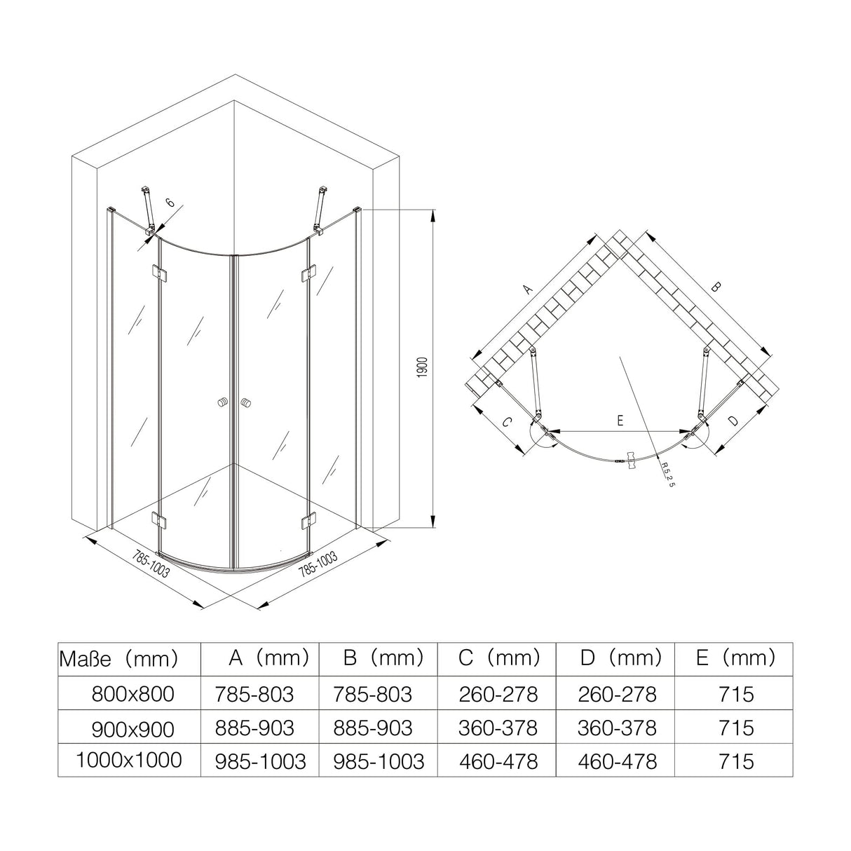 glasvilla Viertelkreis Duschkabine Milchglas Runddusche Duschabtrennung 2 Pendeltüren 6mm ESG-Sicherheitsglas Nano-Beschichtung R02K+VS