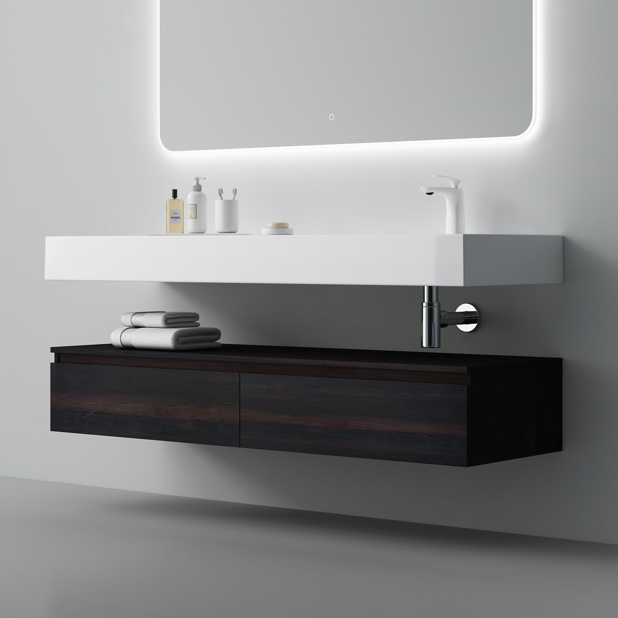 Ensemble de meubles de salle de bain Glasvilla, meuble sous-vasque avec meuble bas 150 x 48 x 25 cm, tiroirs à fermeture amortie et vasque en fonte minérale UP