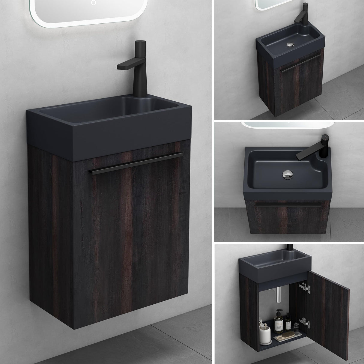 Ensemble de meubles de salle de bain Glasvilla, meuble de salle de bain avec meuble sous-vasque, lavabo anthracite mat et miroir de salle de bain LED, L x P x H 46 x 26 x 63 cm, Pise