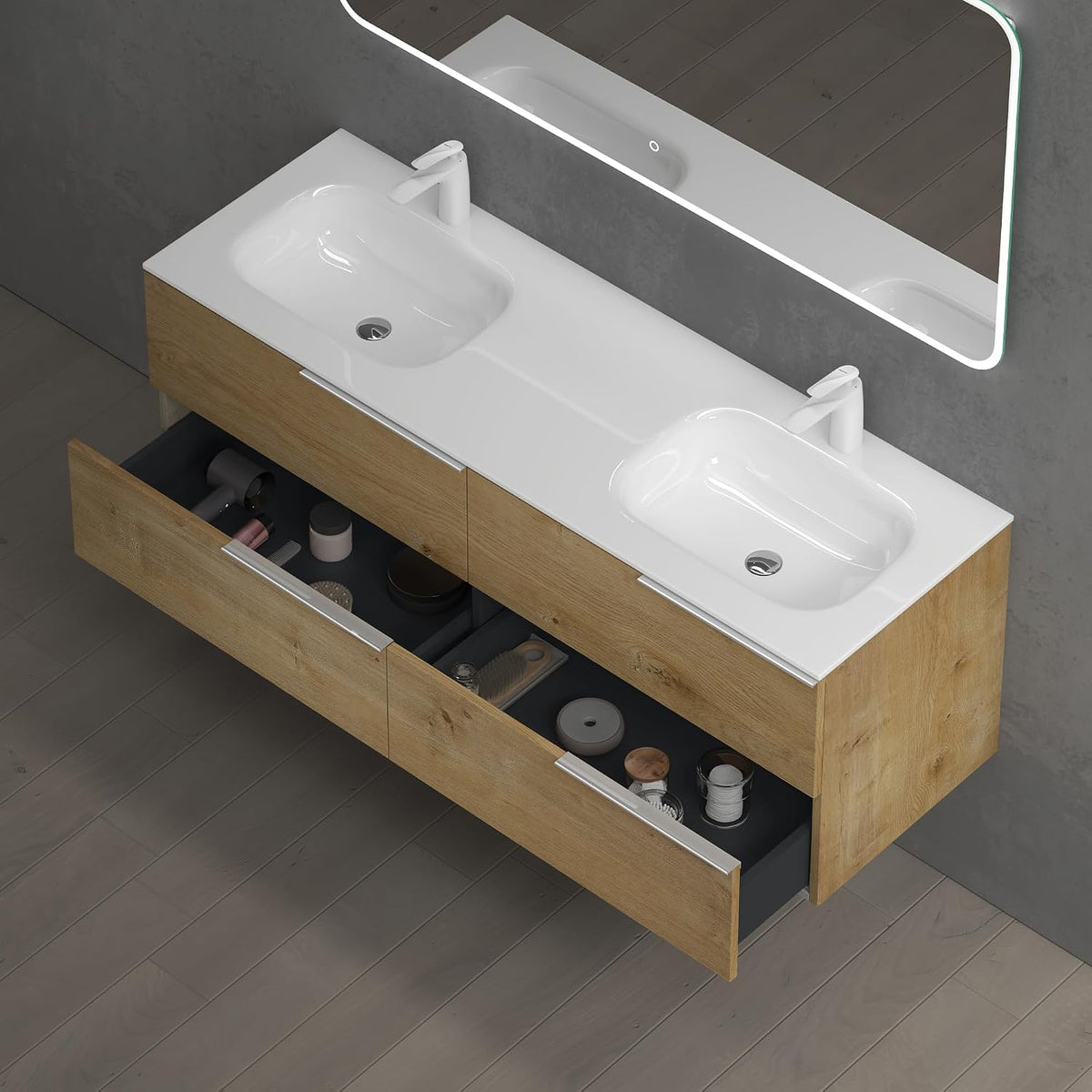 glasvilla  Waschbeckenunterschrank 4 Schubladen Kerneiche mit Doppelwaschbecken BTH: 144x48x52cm Vanessa
