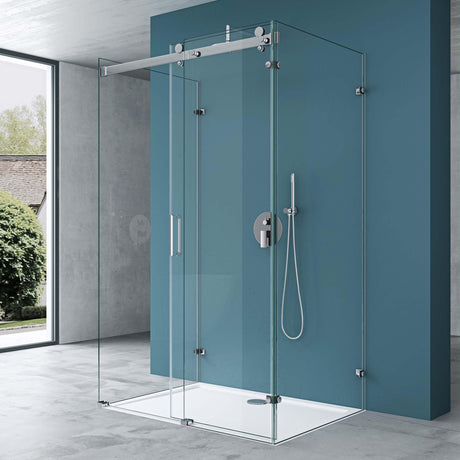 glasvilla U-Form Duschkabine Rahmenlos 195cm Schiebetür Duschabtrennung 8mm ESG Nano Klarglas 4-Punkt Halterung Duschwand Rav17-2UK