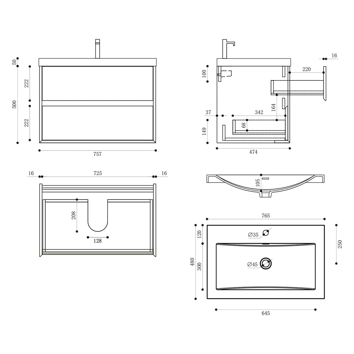 Ensemble de meubles de salle de bain Glasvilla Meuble de salle de bain Meuble sous-vasque 2 tiroirs avec fermeture amortie avec lavabo en blanc en fonte minérale Rimo