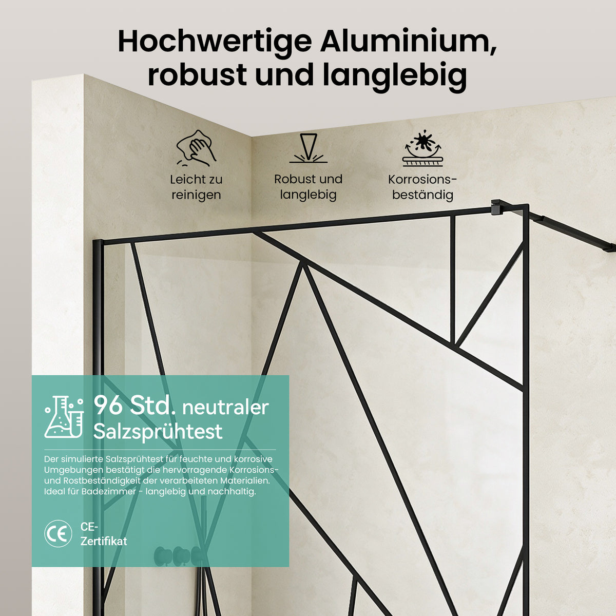 glasvilla Duschwand für Dusche Duschabtrennung  Walk-In Dusche  Duschtrennwand Schwarz 8mm ESG-Sicherheitsglas NANO Klarglas mit geometrischem Design MMBR3 Bremen01Plus-GM