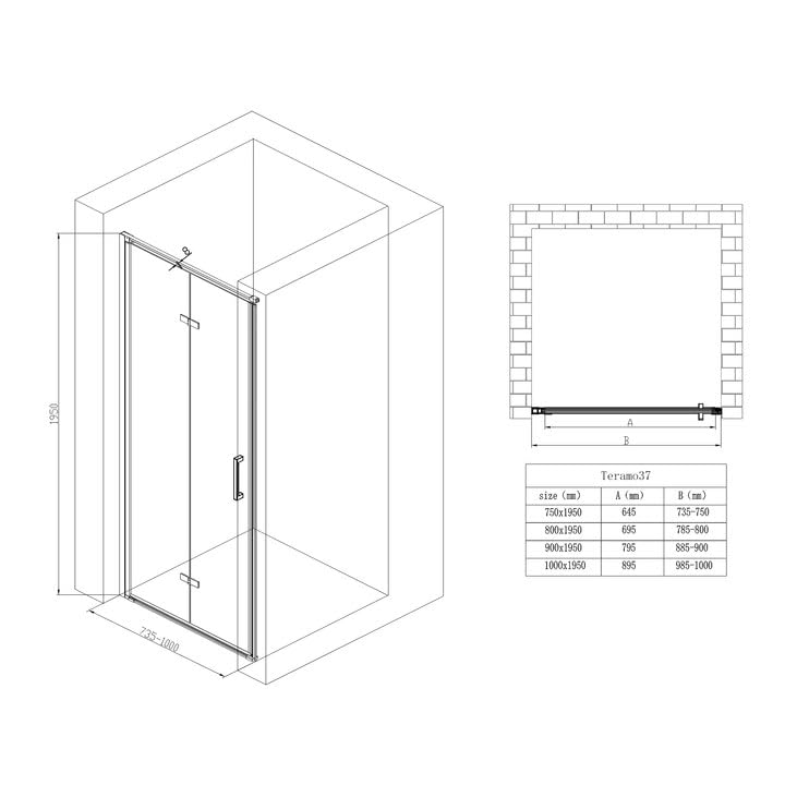 glasvilla Duschtür Nischentür dusche Duschabtrennung Duschkabine Duschwand 8mm Klarglas ESG-Sicherheitsglas mit Nanobeschichtung Teramo37K