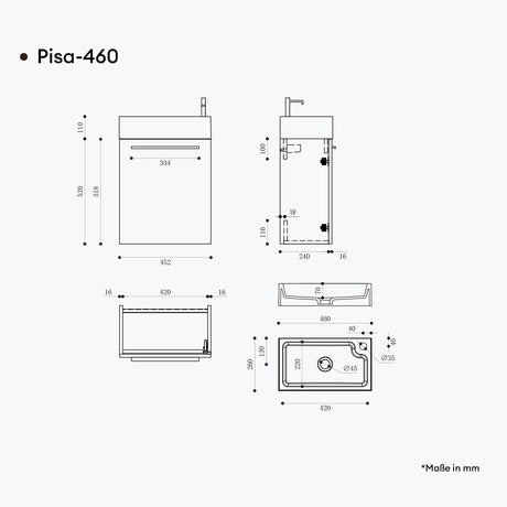 Ensemble de meubles de salle de bain Glasvilla, meuble de salle de bain avec meuble sous-vasque, lavabo anthracite mat et miroir de salle de bain LED, L x P x H 46 x 26 x 63 cm, Pise