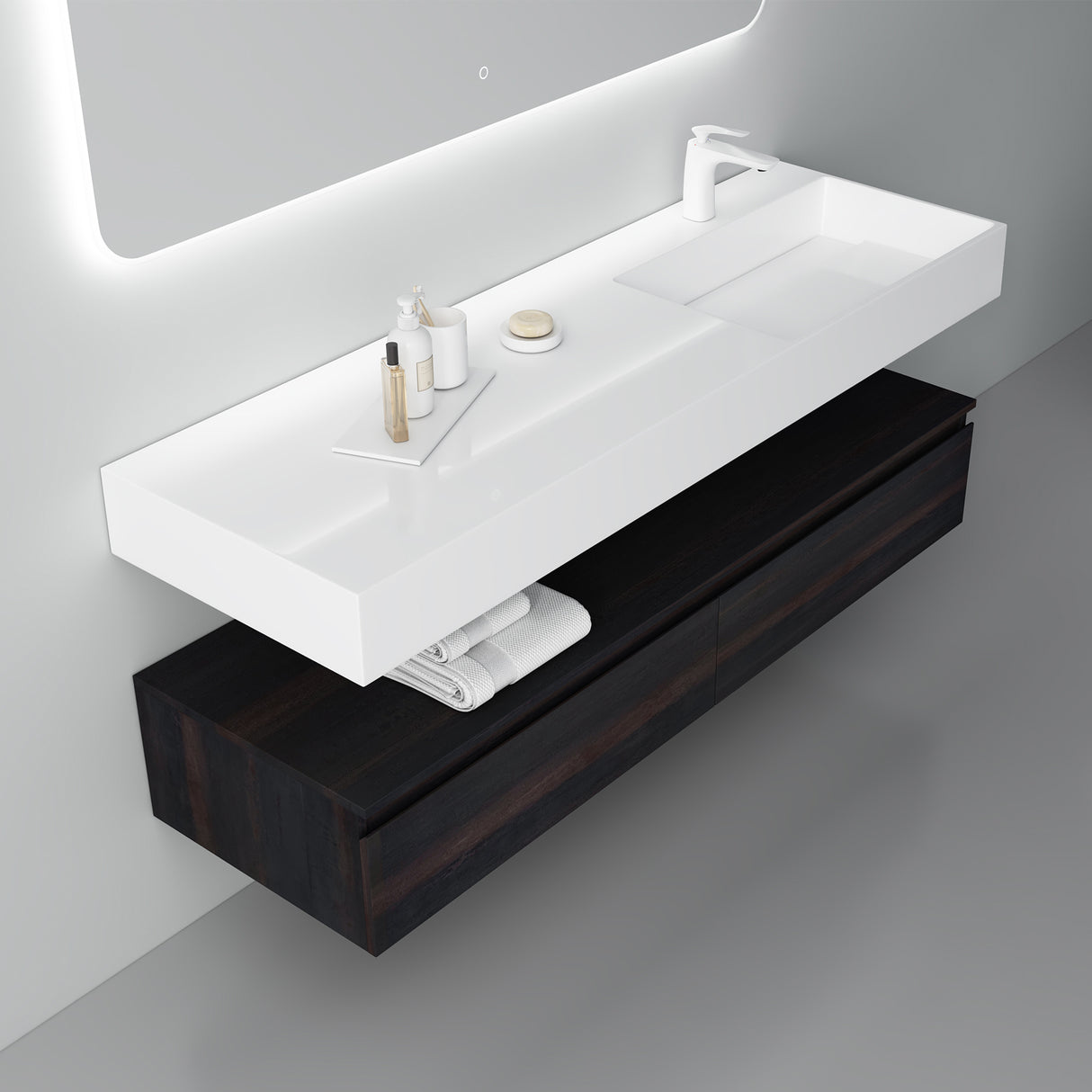 Ensemble de meubles de salle de bain Glasvilla, meuble sous-vasque avec meuble bas 150 x 48 x 25 cm, tiroirs à fermeture amortie et vasque en fonte minérale UP