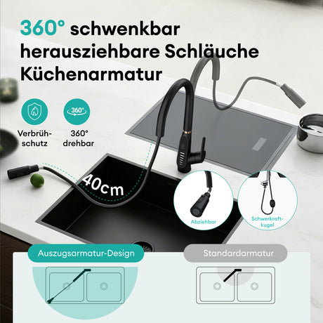 glasvilla Robinet de cuisine extensible rotatif à 360° avec 3 modes de jet d'eau, affichage numérique LED, mitigeur d'évier MS-8085