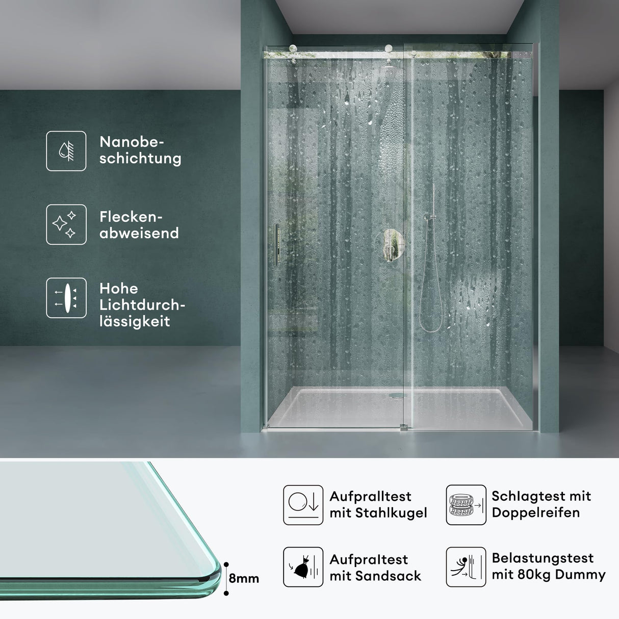 Porte de douche Glasvilla porte de niche douche cloison de douche cabine de douche verre de sécurité 8 mm avec revêtement nano porte coulissante hauteur : 195 cm Teramo04