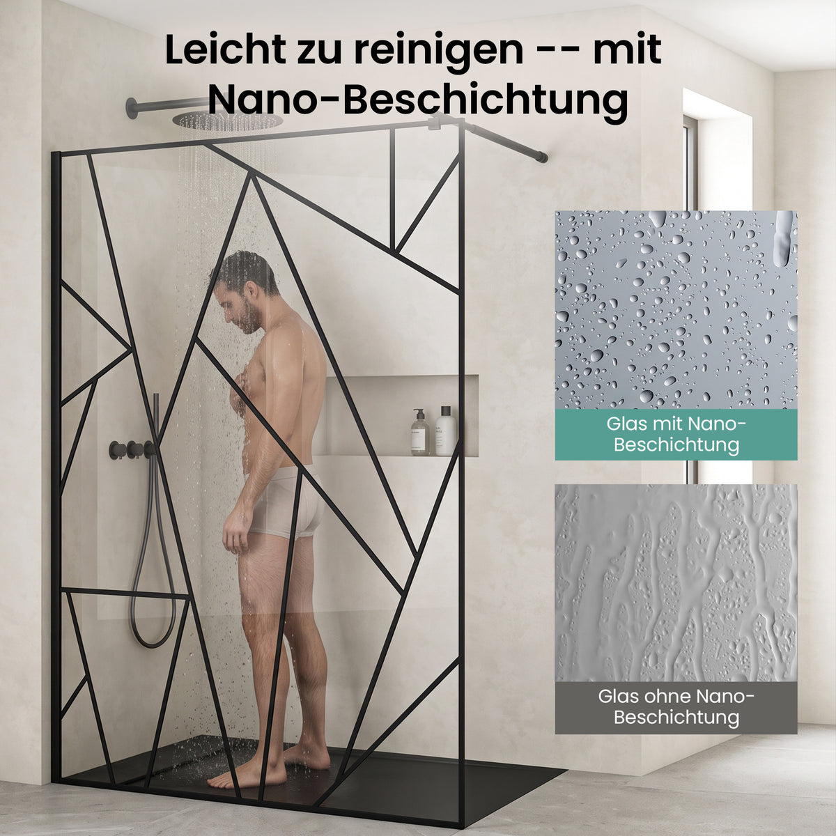 glasvilla Duschwand für Dusche Duschabtrennung  Walk-In Dusche  Duschtrennwand Schwarz 8mm ESG-Sicherheitsglas NANO Klarglas mit geometrischem Design MMBR3 Bremen01Plus-GM