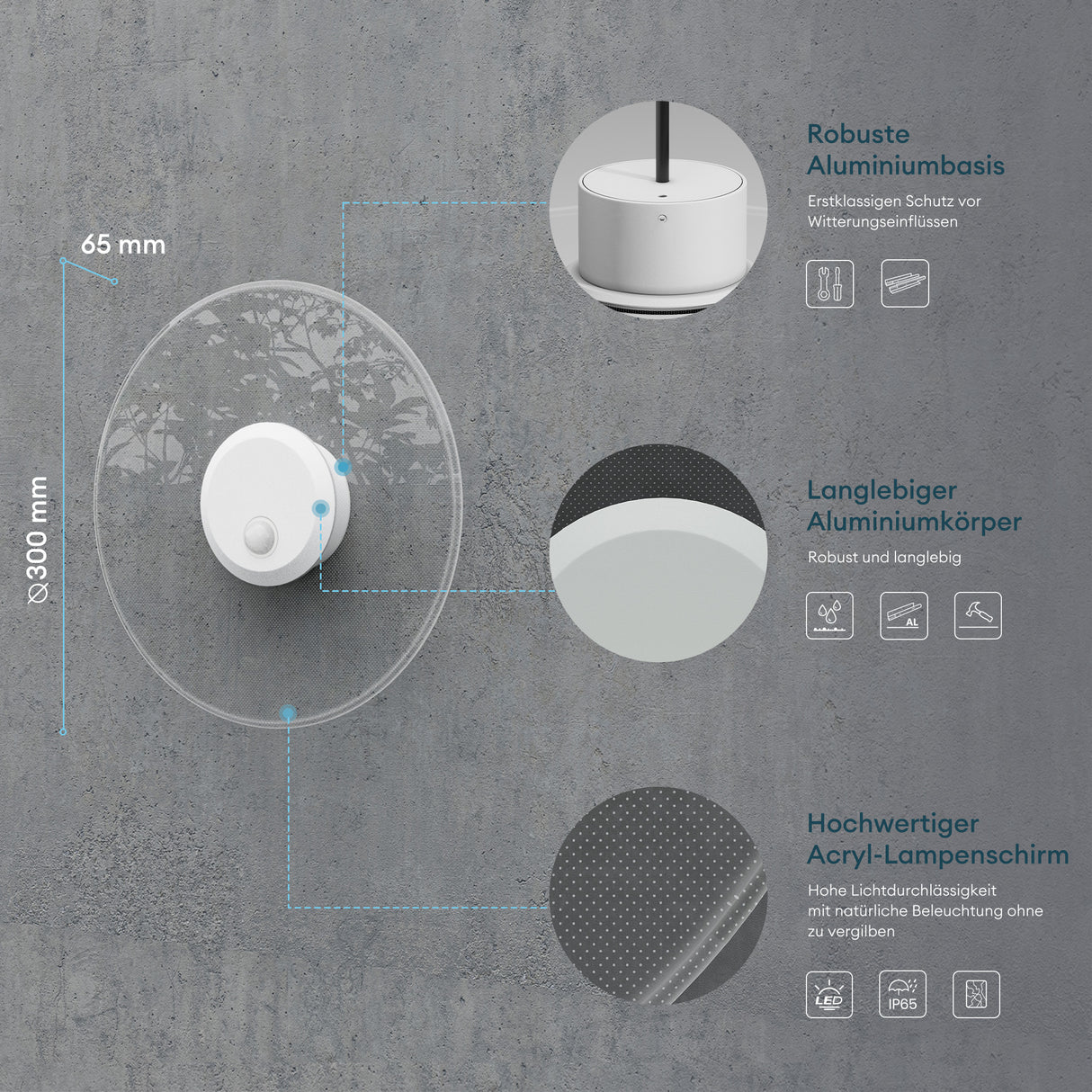 Applique murale d'extérieur glasvilla 6W LED | Luminaire d'extérieur pour chemin de jardin, 3000K avec détecteur de mouvement | Lampe d'extérieur ⌀300X65mm IP65 LunaLights 
