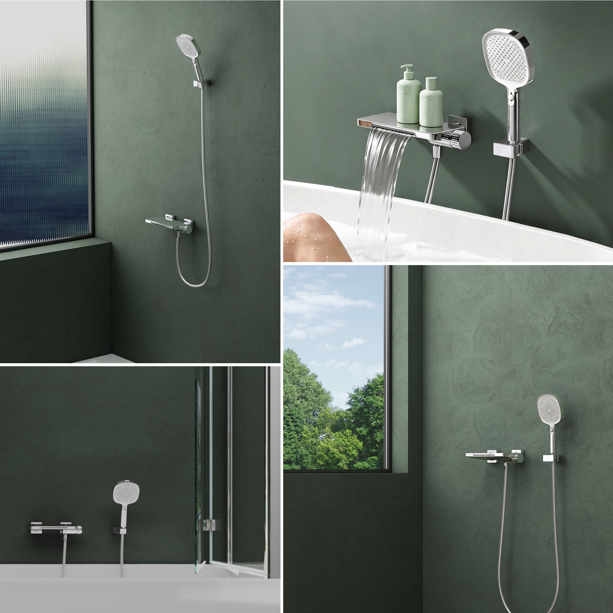 Robinet de baignoire Glasvilla avec douchette, design cascade, jets multiples, douchette en laiton avec barre et flexible de douche.