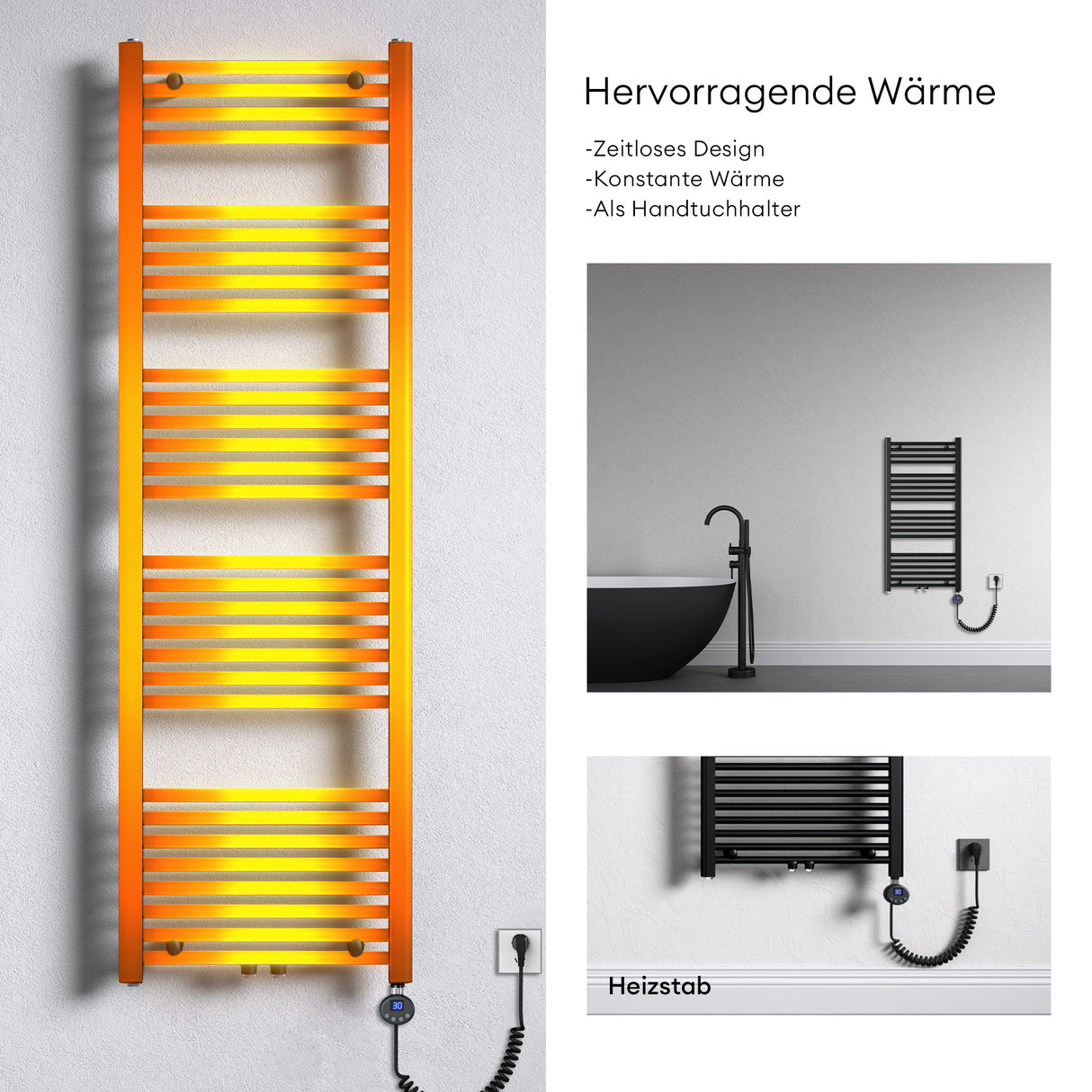 Radiateur de salle de bain Glasvilla Sèche-serviettes électrique pour électricité, raccordement latéral, radiateur tubulaire chauffage salle de bain RHE avec élément chauffant 02