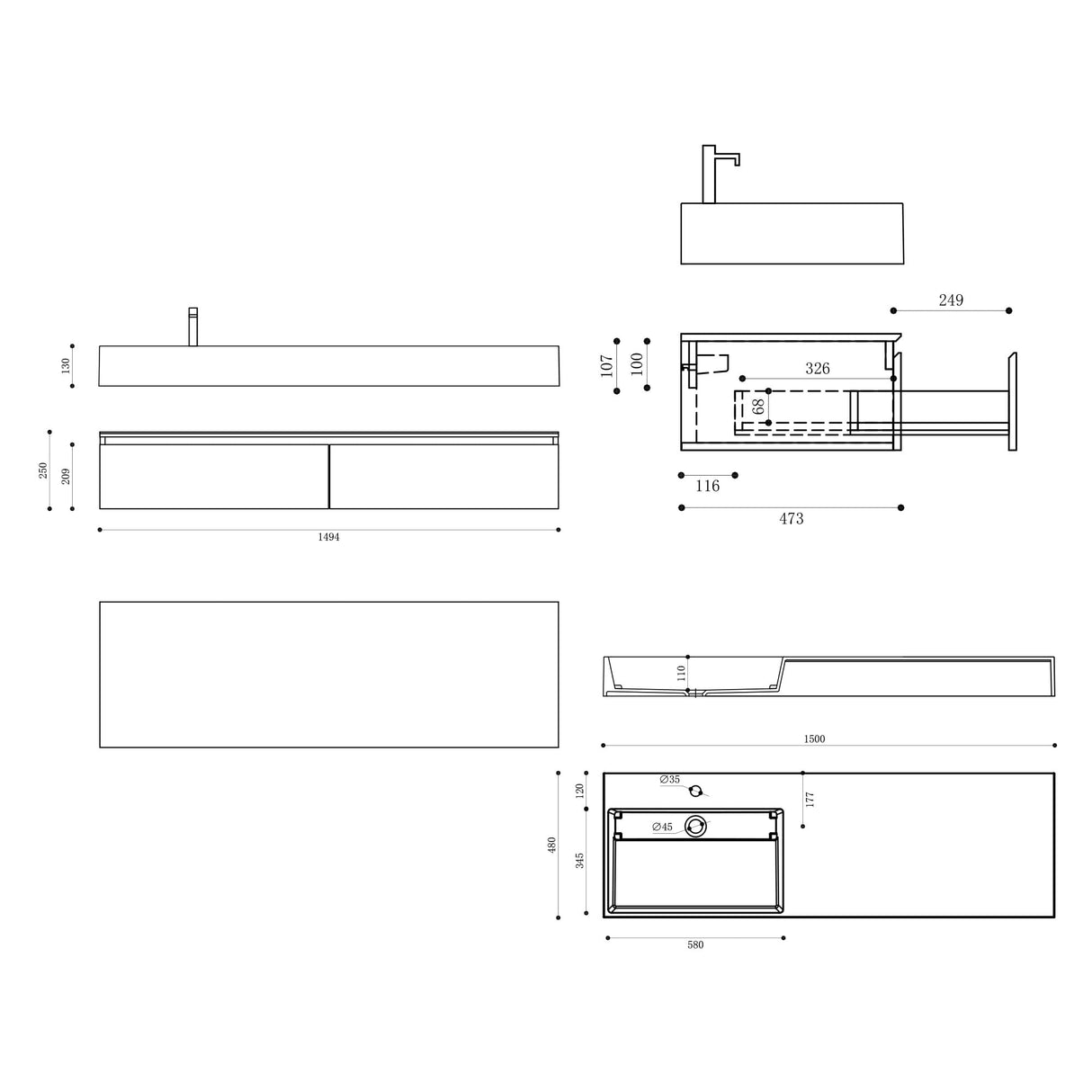 Ensemble de meubles de salle de bain Glasvilla, meuble sous-vasque avec meuble bas 150 x 48 x 25 cm, tiroirs à fermeture amortie et vasque en fonte minérale UP