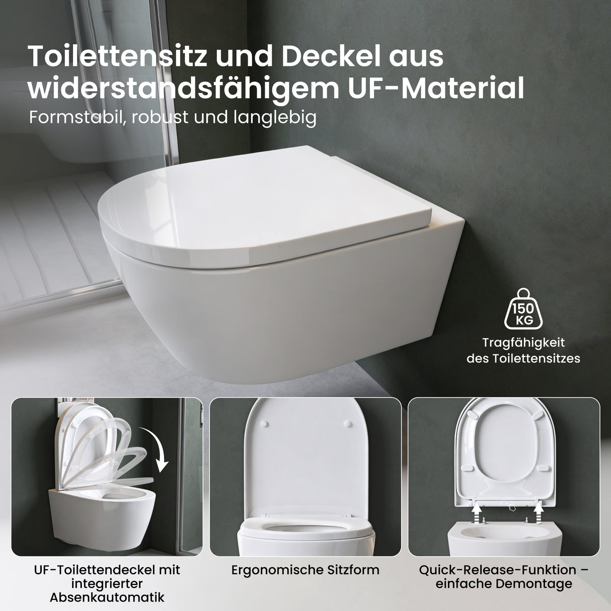 WC suspendu Glasvilla, sans bride, en céramique blanche, avec mécanisme de fermeture amortie