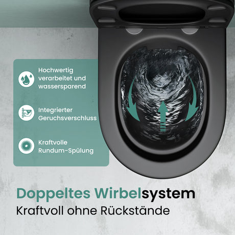 Glasvilla Design Inodoro Suspendido Negro Sin Borde Aachen179 – WC con Asiento Soft-Close