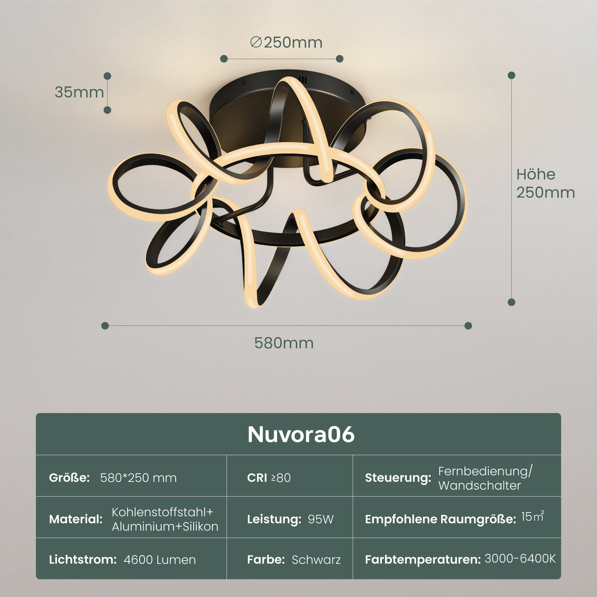 glasvilla Deckenlampe, dimmbar 3000-6400K,mit Fernbedienung | LED Deckenleuchte,112W Schwarz,Moderne,für Schlafzimmer, Wohnzimmer, Kinderzimmer Nuvora06