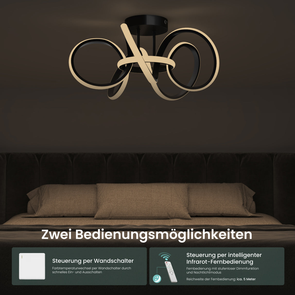 Glasvilla Design – Lámpara de techo LED negra con mando a distancia, regulable 3000–6400K, sin parpadeo (65W)