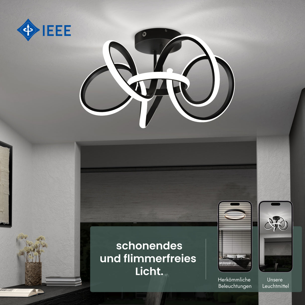 Glasvilla Design – Lámpara de techo LED negra con mando a distancia, regulable 3000–6400K, sin parpadeo (65W)