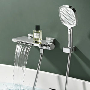Robinet de baignoire Glasvilla avec douchette, design cascade, jets multiples, douchette en laiton avec barre et flexible de douche.