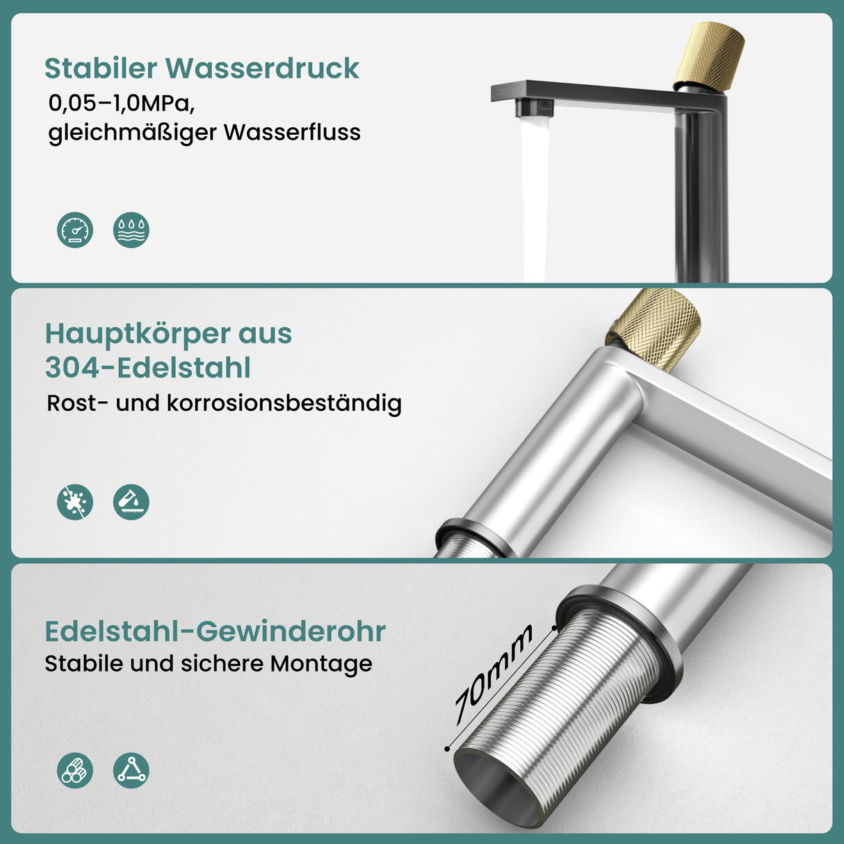 Grifo de Lavabo Glasvilla Fino-01 Monomando de Acero Inoxidable con Ahorro de Agua