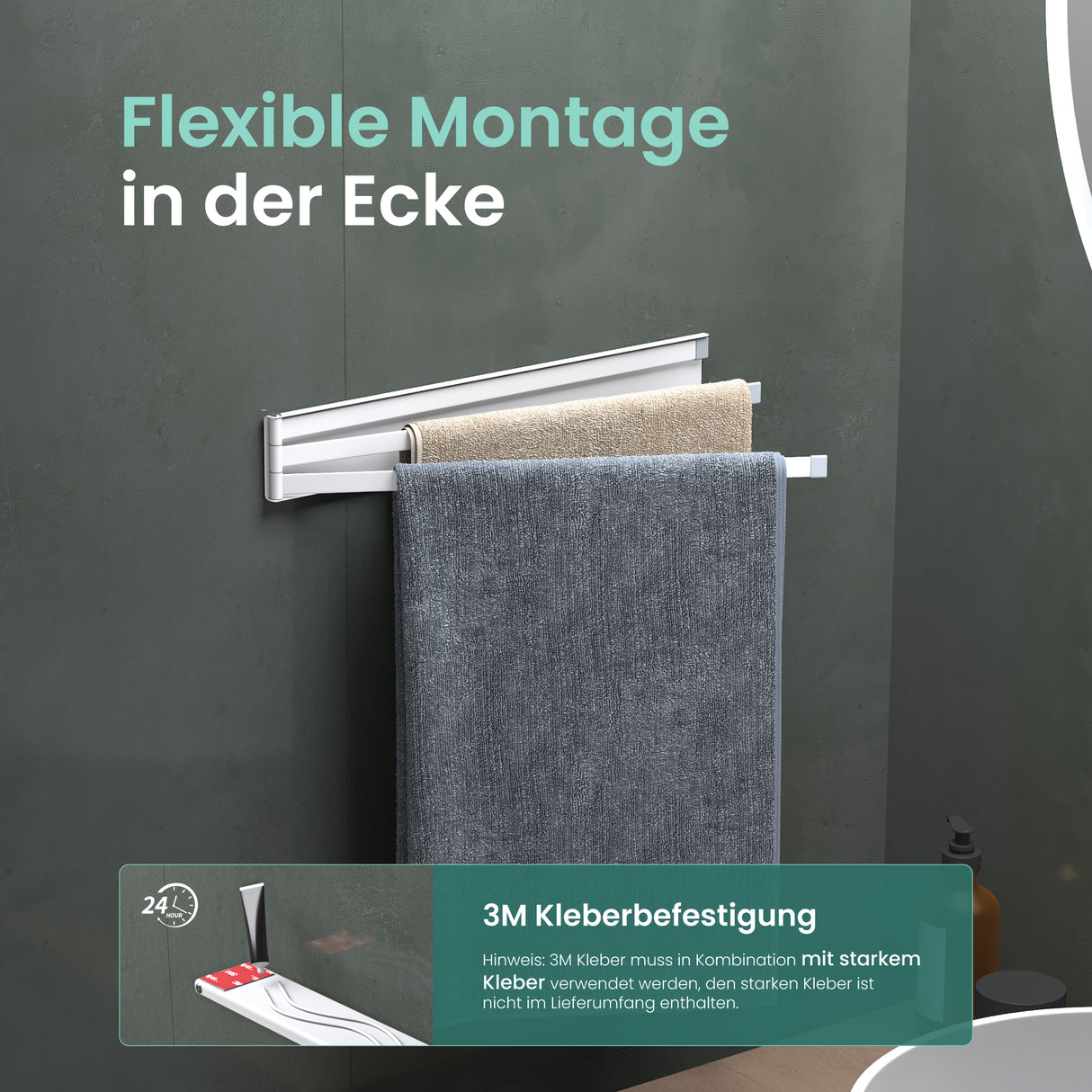 glasvolla Handtuchhalter ohne Bohren, 180° schwenkbar mit 3 Armen, Handtuchstange selbstklebend oder magnetisch, Badetuchhalter für Bad und Küche Folda-02