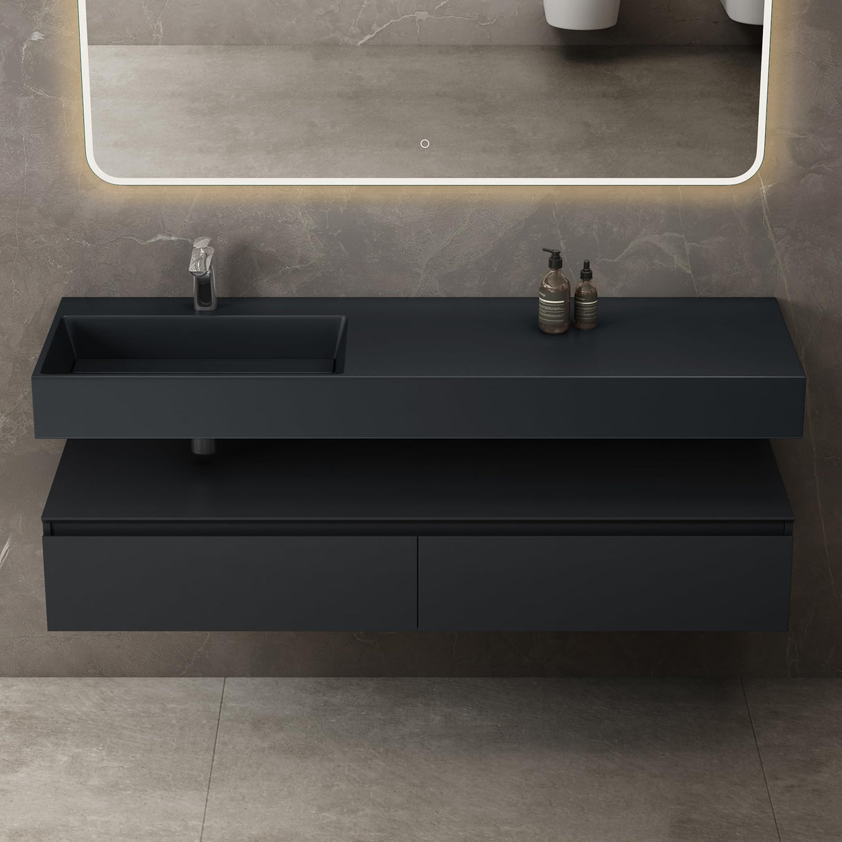 Ensemble de meubles de salle de bain Glasvilla, meuble sous-vasque avec meuble bas 150 x 48 x 25 cm, tiroirs à fermeture amortie et vasque en fonte minérale UP