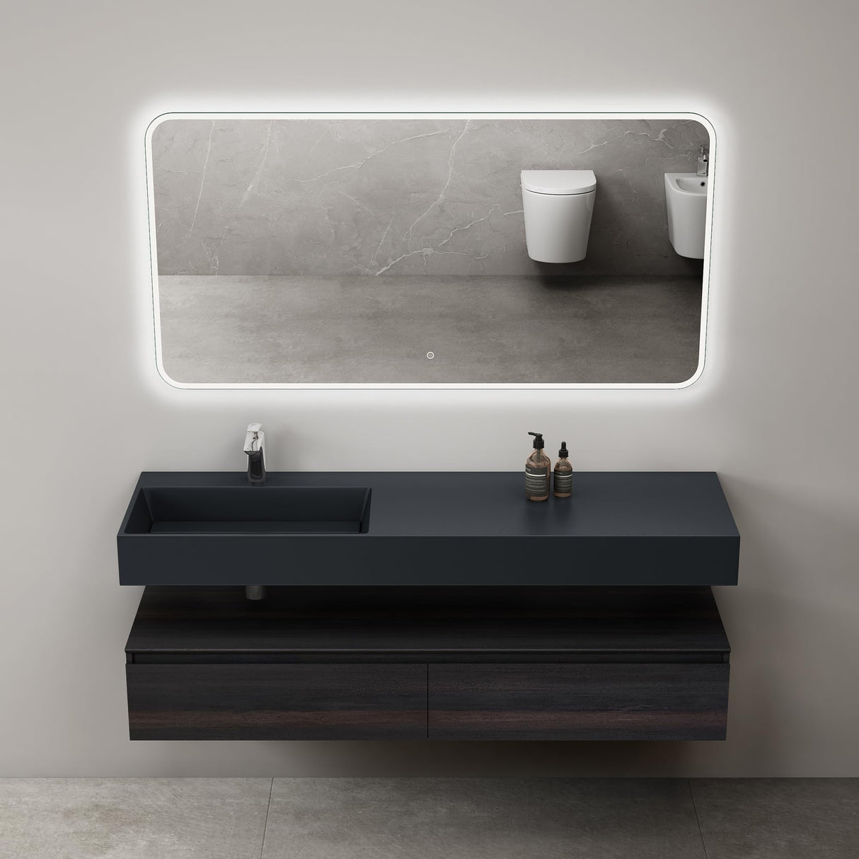 Ensemble de meubles de salle de bain Glasvilla, meuble sous-vasque avec meuble bas 150 x 48 x 25 cm, tiroirs à fermeture amortie et vasque en fonte minérale UP