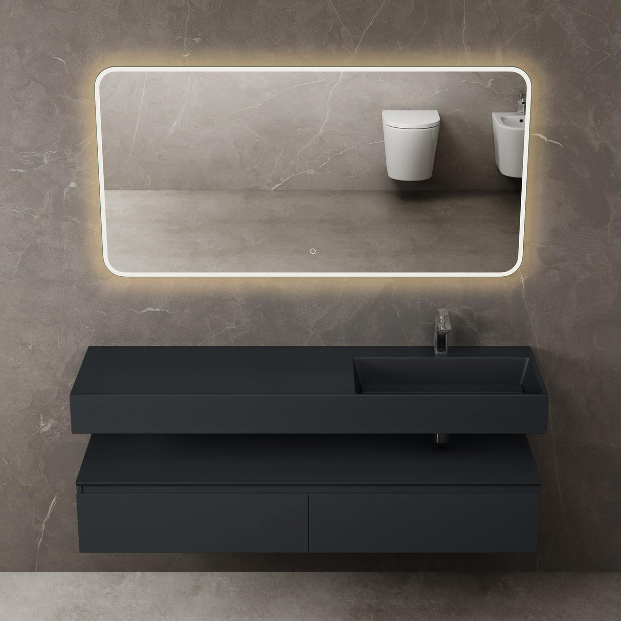 Ensemble de meubles de salle de bain Glasvilla, meuble sous-vasque avec meuble bas 150 x 48 x 25 cm, tiroirs à fermeture amortie et vasque en fonte minérale UP