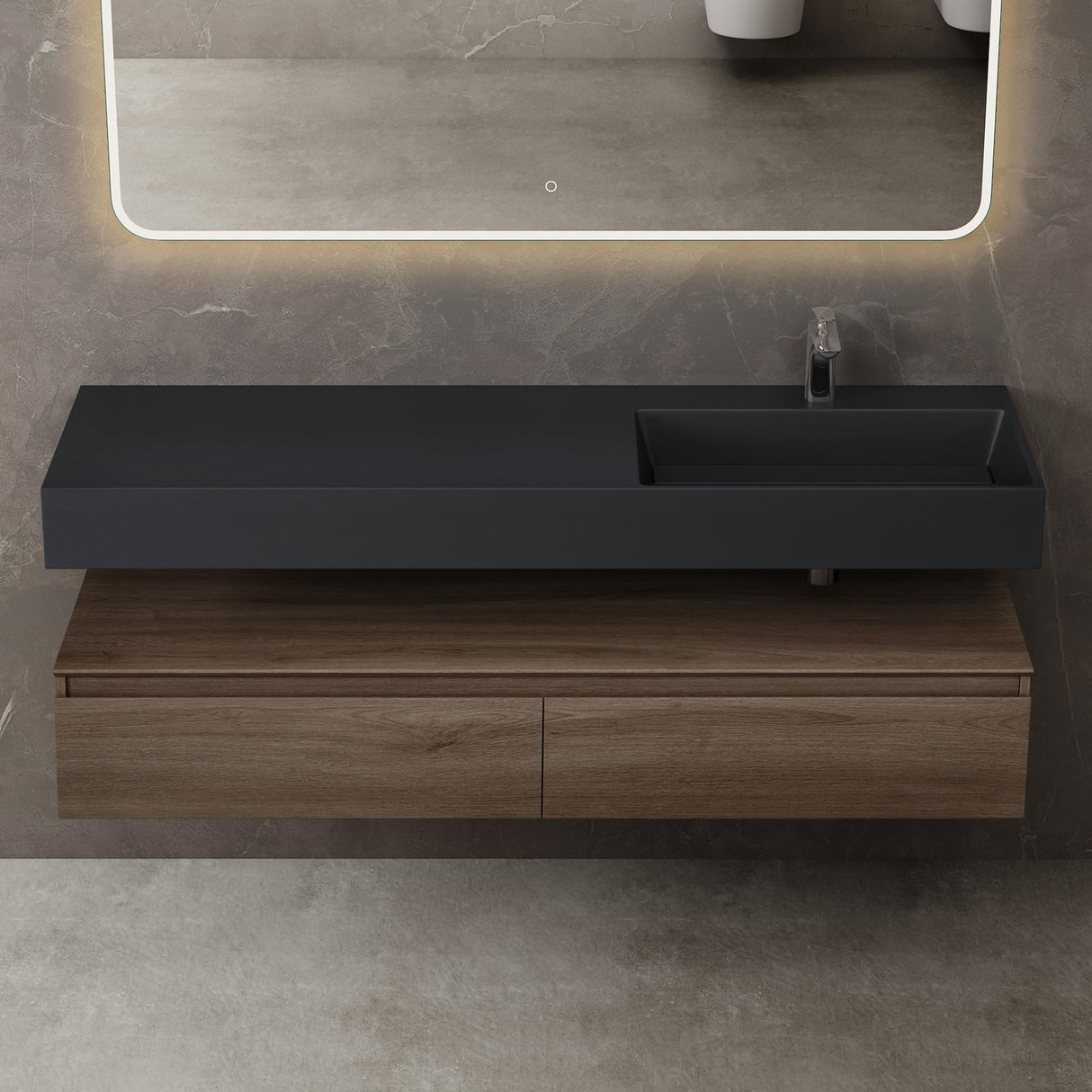 Ensemble de meubles de salle de bain Glasvilla, meuble sous-vasque avec meuble bas 150 x 48 x 25 cm, tiroirs à fermeture amortie et vasque en fonte minérale UP