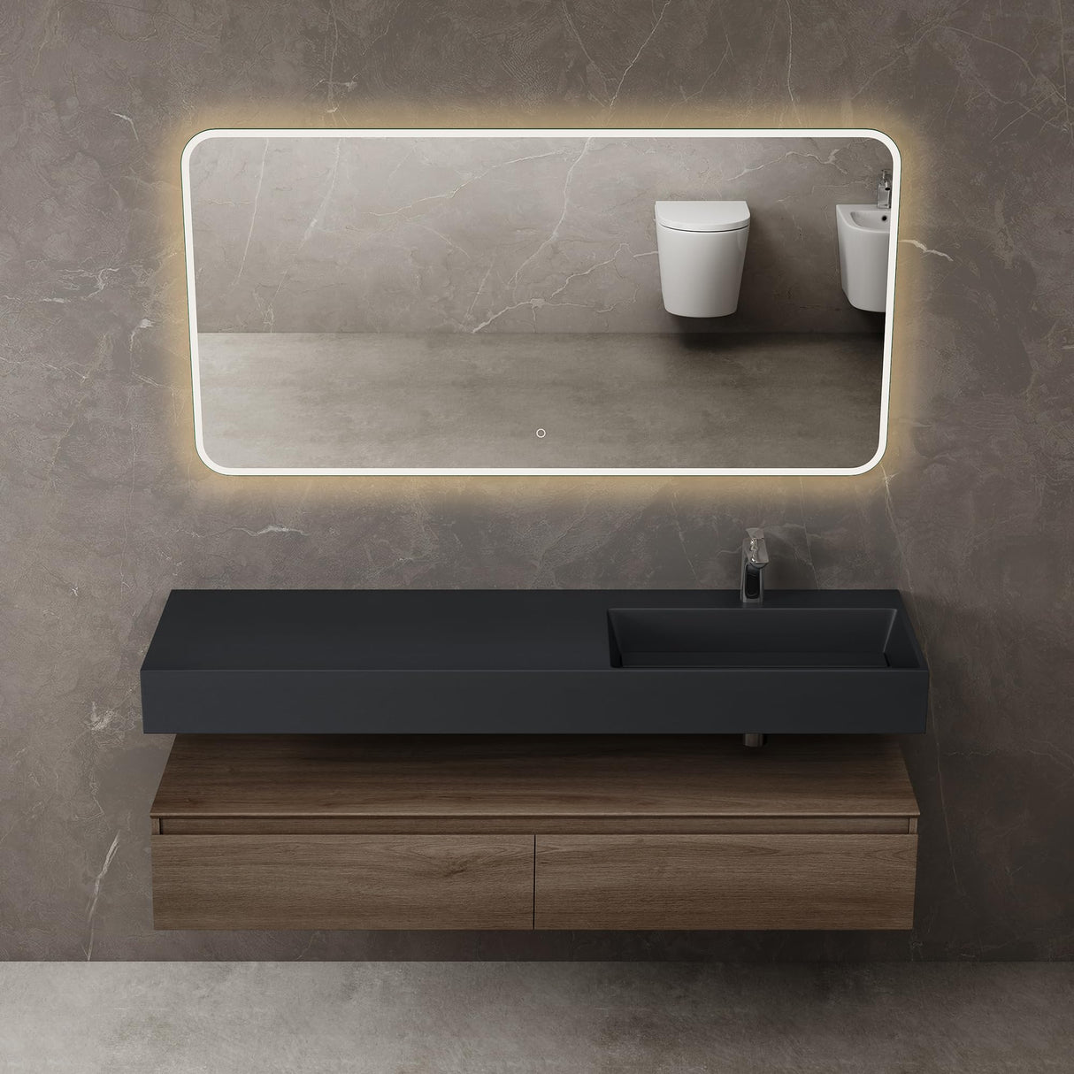 Ensemble de meubles de salle de bain Glasvilla, meuble sous-vasque avec meuble bas 150 x 48 x 25 cm, tiroirs à fermeture amortie et vasque en fonte minérale UP
