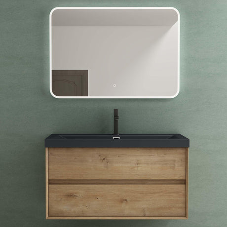 Ensemble de meubles de salle de bain Glasvilla Meuble de salle de bain Meuble sous-vasque 2 tiroirs avec fermeture en douceur avec lavabo en anthracite mat en fonte minérale Rimo