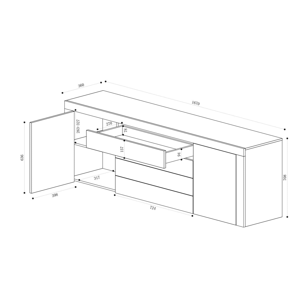 Buffet de rangement Glasvilla LTH : 167x36x70 cm avec 2 armoires et 4 tiroirs commode armoire polyvalente meuble cabinet03