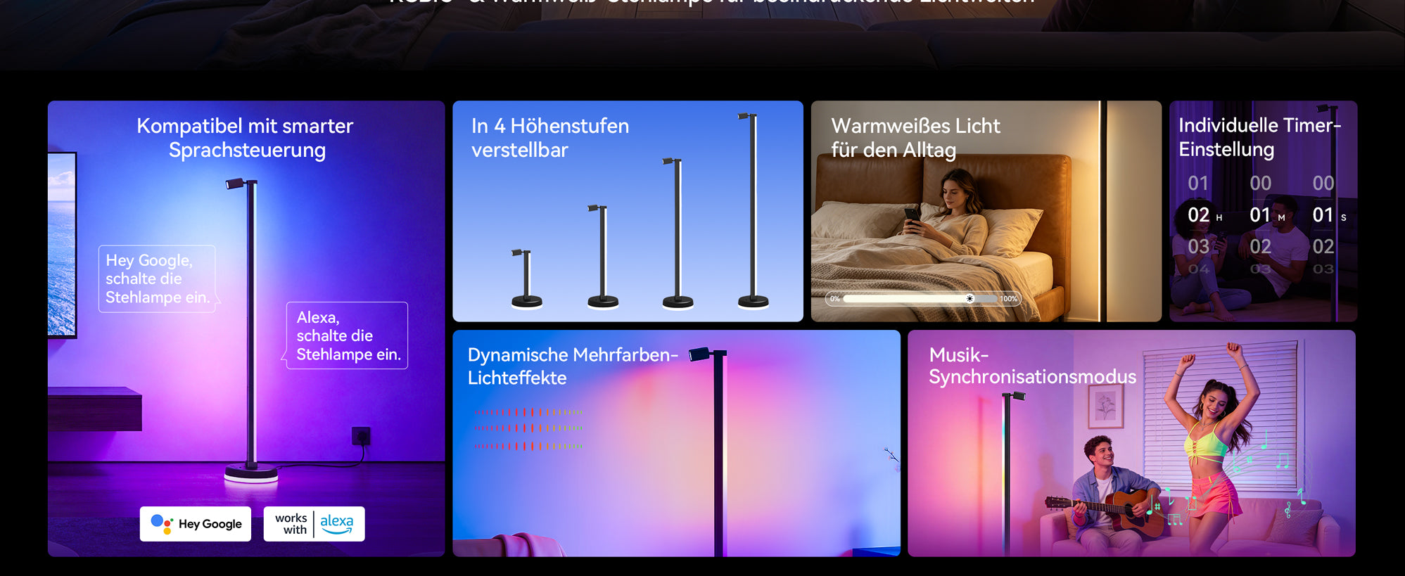 glasvilla Wohnzimmer Dimmbar mit Leselampe, RGBICWW LED Stehlampe mit Warmweiß & 16 Mio. Farben, App & Fernbedienung, 270° Licht, Musik-Sync, für Schlafzimmer Gaming, Lineora-02