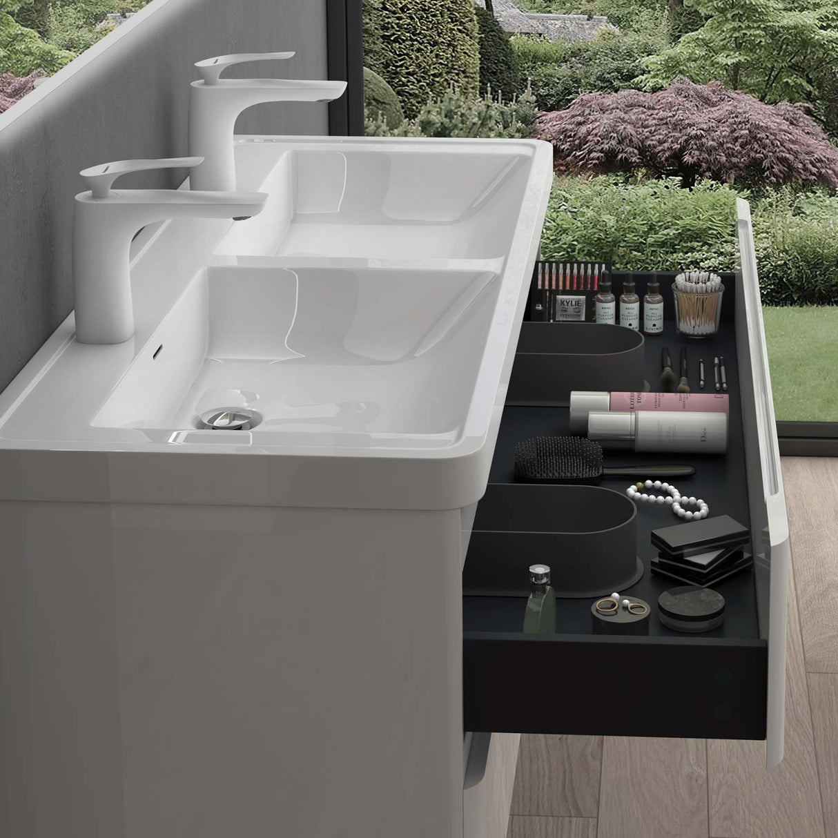 Ensemble de meubles de salle de bain Glasvilla avec meuble sous-vasque et tiroirs à fermeture amortie, y compris lavabo en fonte minérale Lucca 