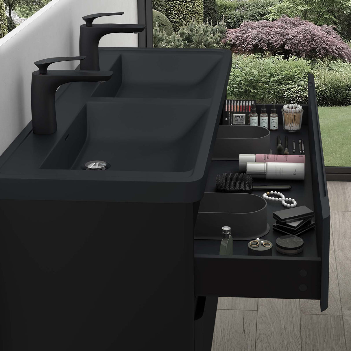 Ensemble de meubles de salle de bain Glasvilla avec meuble sous-vasque et tiroirs à fermeture amortie, y compris lavabo en fonte minérale Lucca 