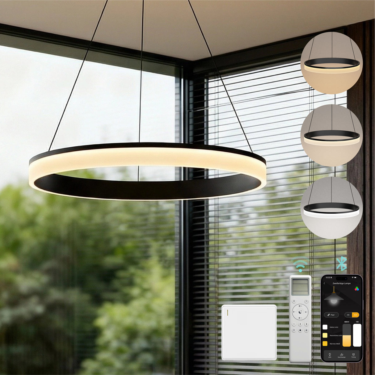 glasvilla Pendelleuchte Esstisch, LED Hängelampe, stufenlos dimmbar 3000K–6000K, höhenverstellbare Esstischlampe mit Fernbedienung & Wandschalter Luvina02