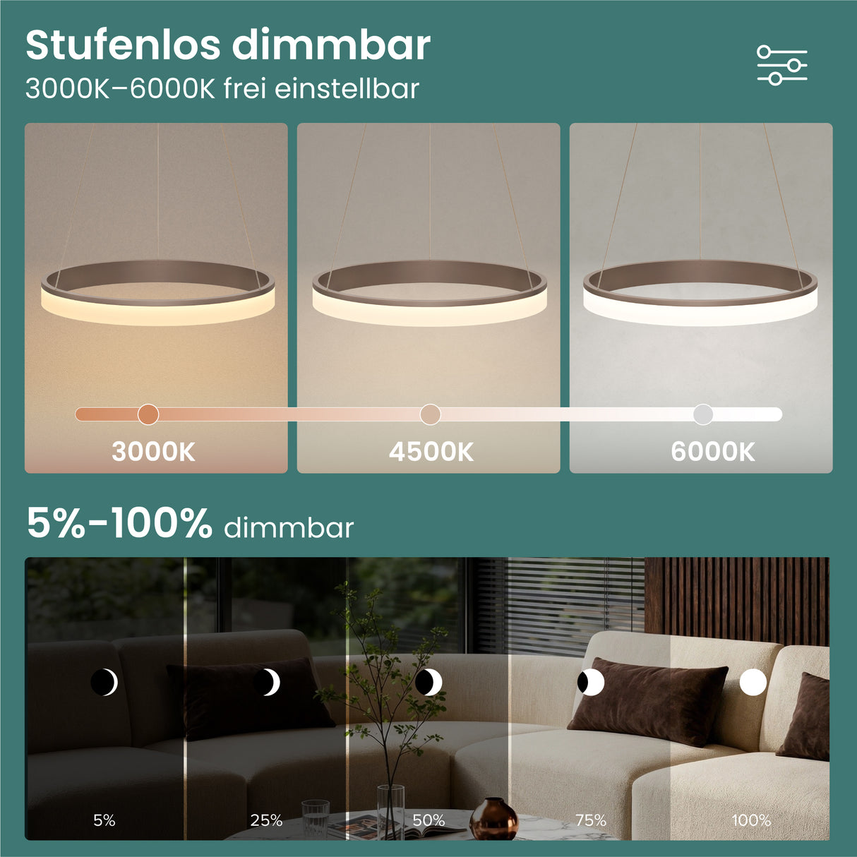 glasvilla Pendelleuchte Esstisch, LED Hängelampe, stufenlos dimmbar 3000K–6000K, höhenverstellbare Esstischlampe mit Fernbedienung & Wandschalter Luvina02