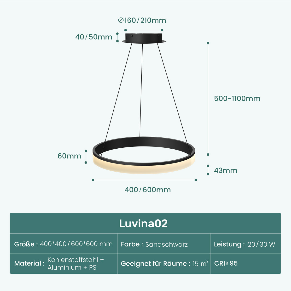 glasvilla Pendelleuchte Esstisch, LED Hängelampe, stufenlos dimmbar 3000K–6000K, höhenverstellbare Esstischlampe mit Fernbedienung & Wandschalter Luvina02