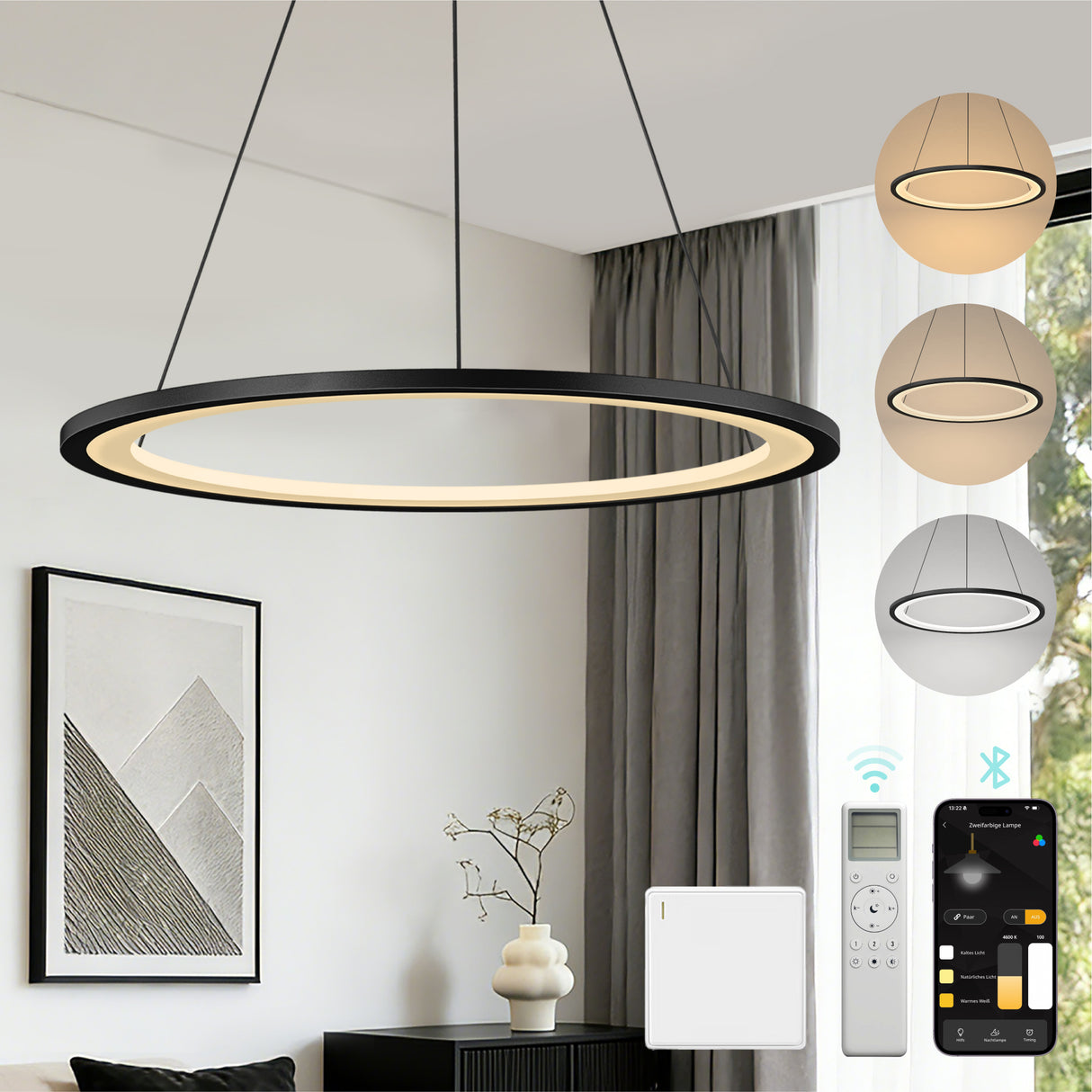 glasvilla Pendelleuchte Esstisch, LED Hängelampe, stufenlos dimmbar 3000K–6000K, höhenverstellbare Esstischlampe mit Fernbedienung & Wandschalter Luvina01