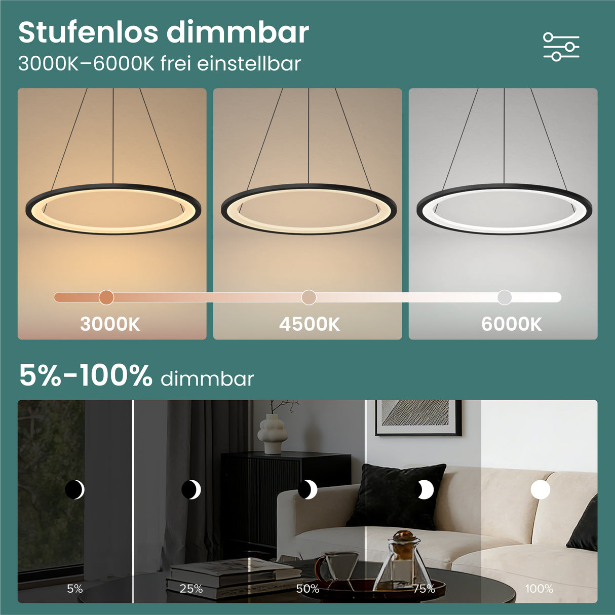 glasvilla Pendelleuchte Esstisch, LED Hängelampe, stufenlos dimmbar 3000K–6000K, höhenverstellbare Esstischlampe mit Fernbedienung & Wandschalter Luvina01