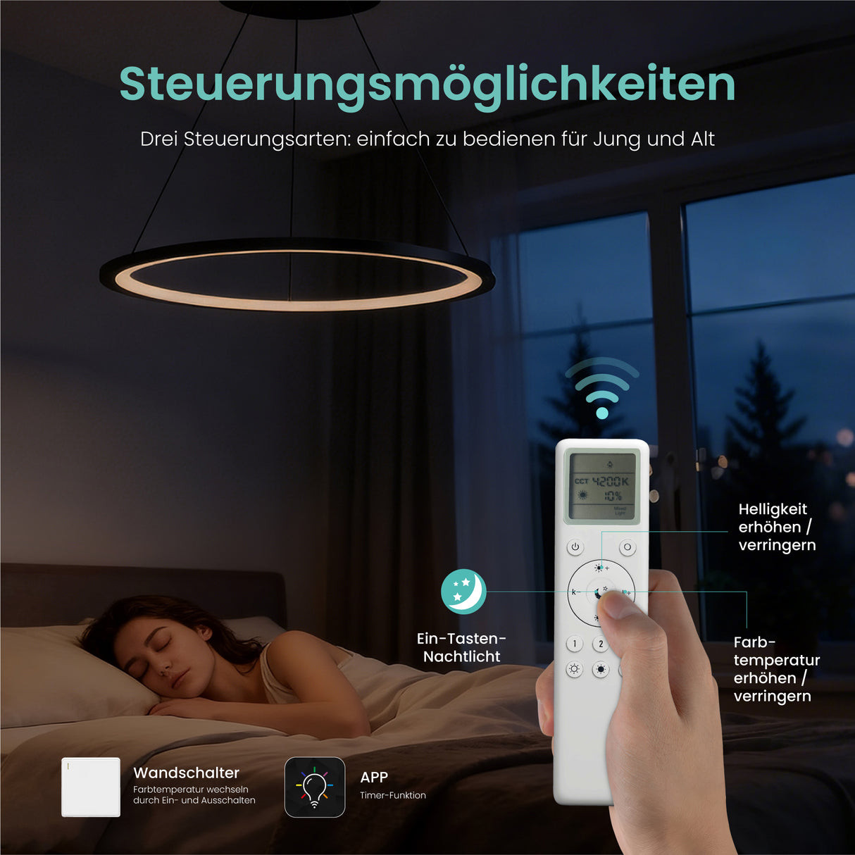 glasvilla Pendelleuchte Esstisch, LED Hängelampe, stufenlos dimmbar 3000K–6000K, höhenverstellbare Esstischlampe mit Fernbedienung & Wandschalter Luvina01