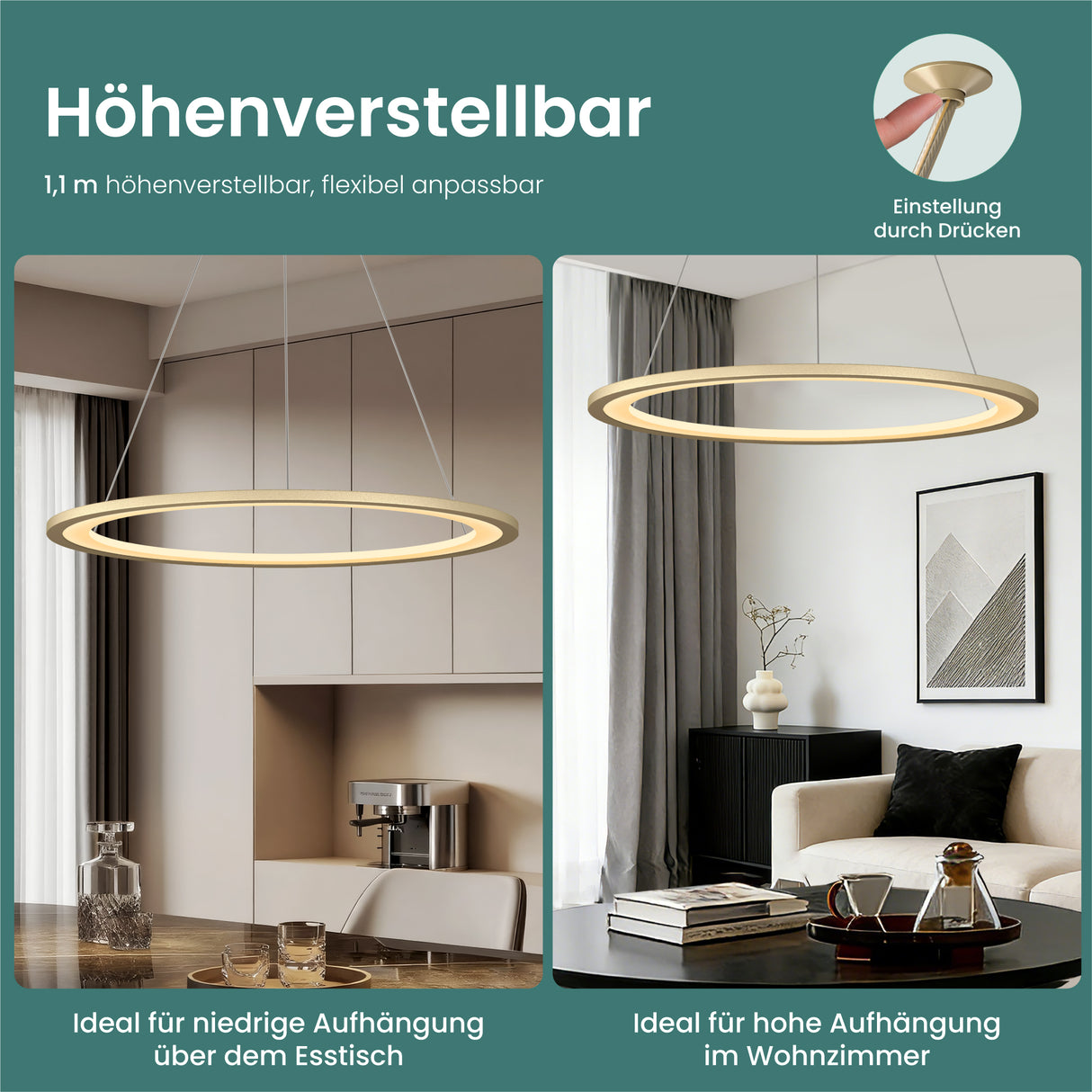 glasvilla Pendelleuchte Esstisch, LED Hängelampe, stufenlos dimmbar 3000K–6000K, höhenverstellbare Esstischlampe mit Fernbedienung & Wandschalter Luvina01