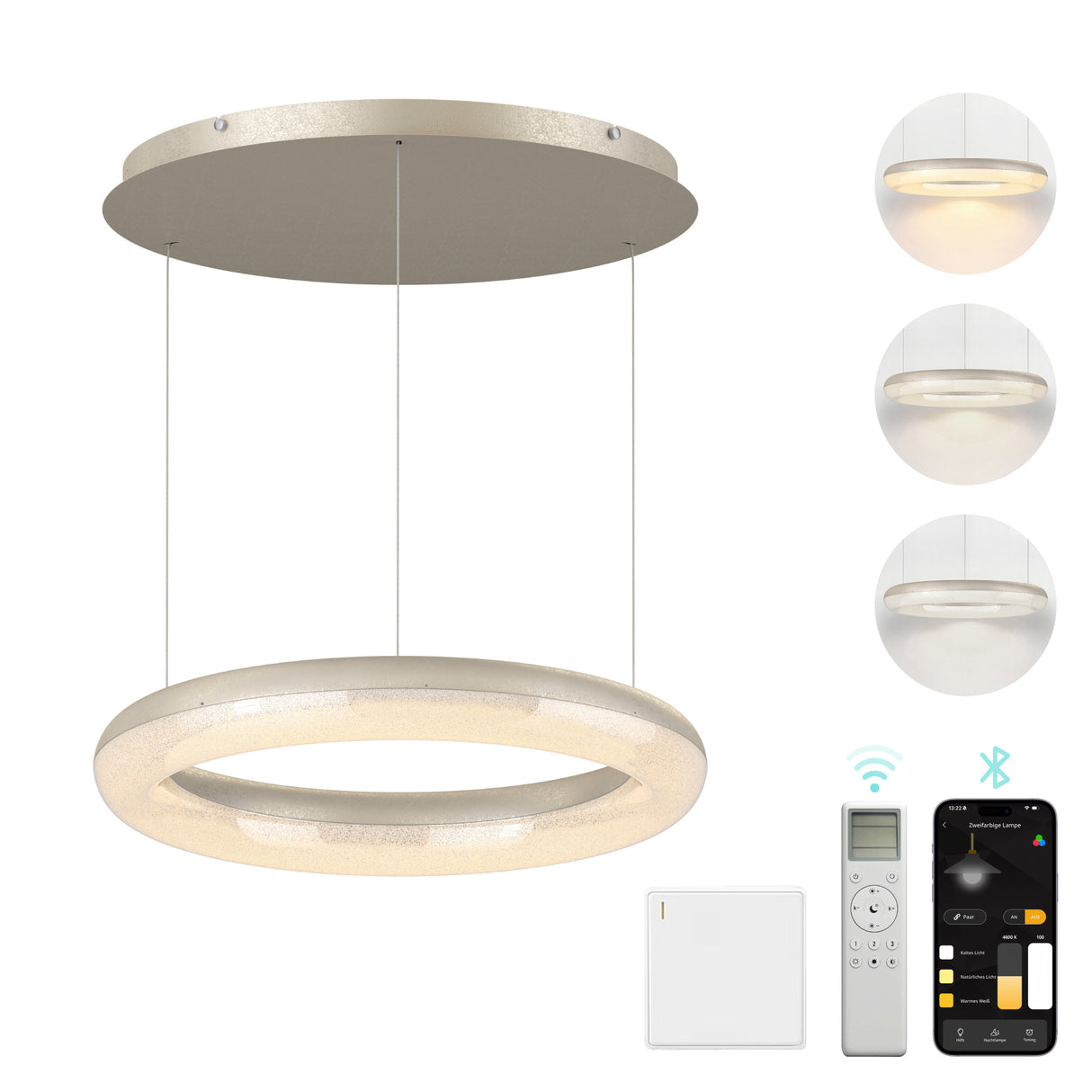 glasvilla Lampadario Sospensione, Lampada 3000-6000K con Filo 170 CM, Altezza Regolabile, Lampada da Soffitto a Sospensione per Camera da Letto, Cucina e Soggiorno, Luvina03