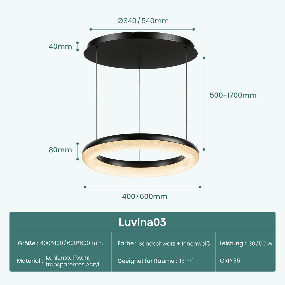 glasvilla Suspension de table à manger, Lampe suspendue LED moderne, intensité réglable en continu 3000K–6000K, lampe de table à manger design réglable en hauteur avec télécommande et interrupteur mural, Luvina03