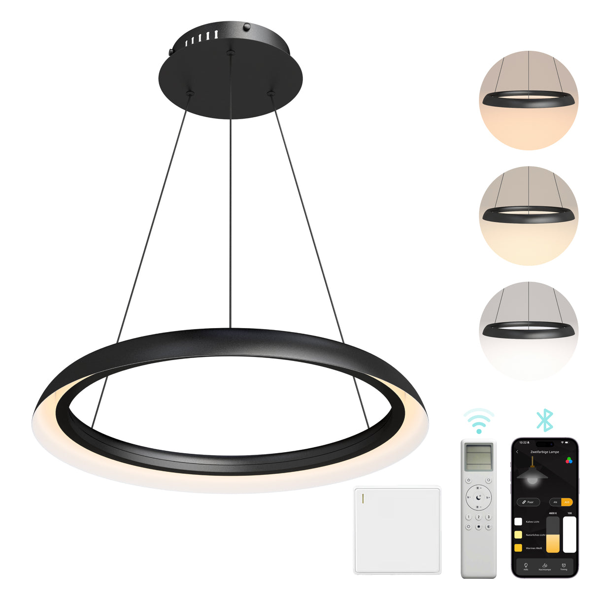 glasvilla Lampadario Sospensione, Lampada 3000-6000K con Filo 110 CM, Altezza Regolabile, Lampada da Soffitto a Sospensione per Camera da Letto, Cucina e Soggiorno, Luvina04