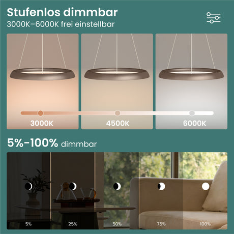 glasvilla Pendelleuchte Esstisch,  LED Moderne Hängelampe, stufenlos dimmbar 3000K–6000K, höhenverstellbare Design 20W Esstischlampe mit Fernbedienung & Wandschalter, Luvina04
