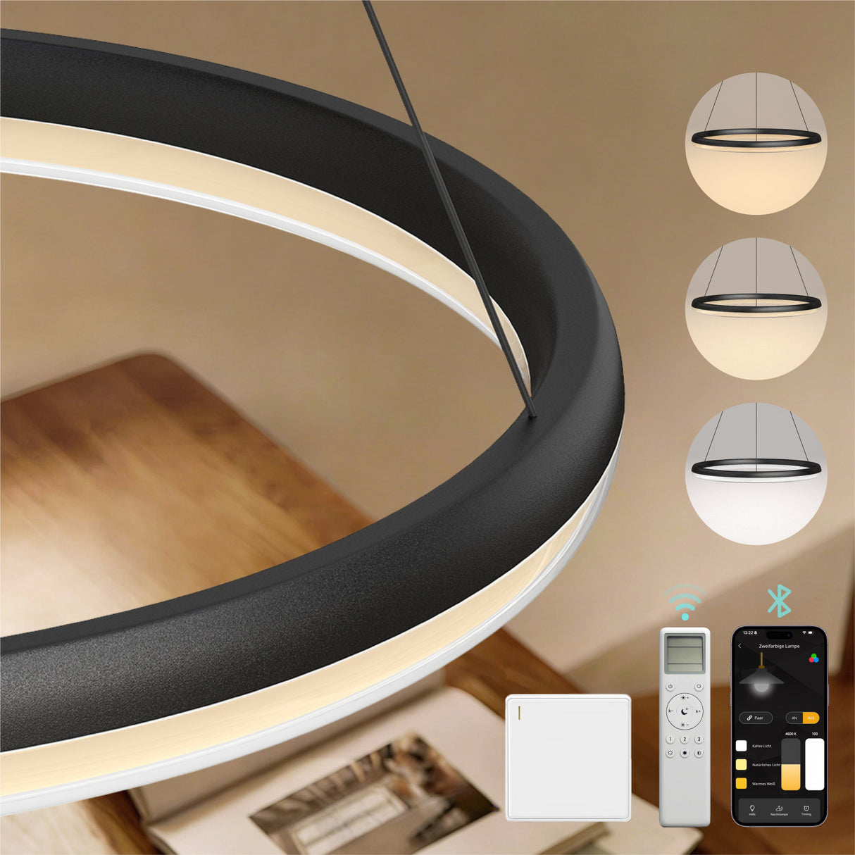 glasvilla Mai & Mai Pendelleuchte Esstisch, LED Moderne Hängelampe, stufenlos dimmbar 3000K–6000K, höhenverstellbare Design Esstischlampe mit Fernbedienung & Wandschalter, Luvina05