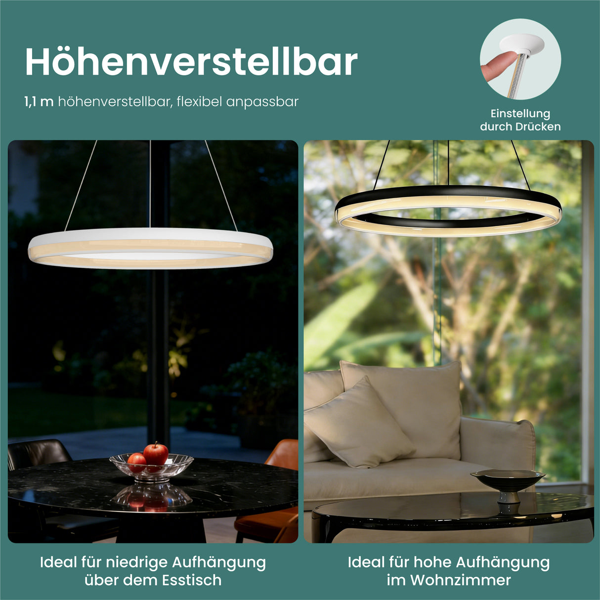 glasvilla Mai & Mai Pendelleuchte Esstisch, LED Moderne Hängelampe, stufenlos dimmbar 3000K–6000K, höhenverstellbare Design Esstischlampe mit Fernbedienung & Wandschalter, Luvina05